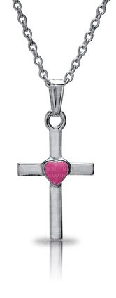 Cross with Pink Heart Pendant Necklace- Sterling Silver