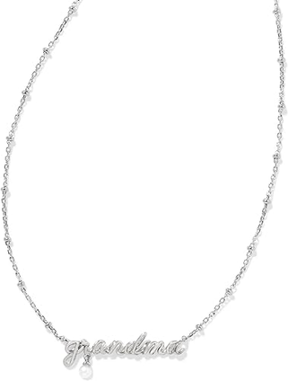 Grandma Script Pendant Necklace with White Pearl- Rhodium