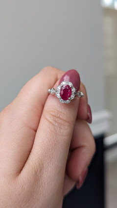 Unique Halo Ruby and Diamond Ring- 14KW