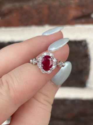 Unique Halo Ruby and Diamond Ring- 14KW