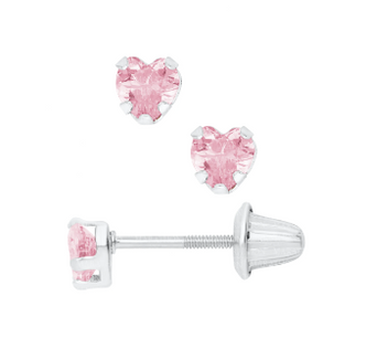  Pink Heart CZ Stud Earrings - 14KW