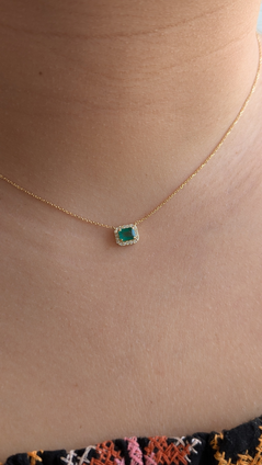 Emerald and Diamond Halo Pendant Necklace- 18KY
