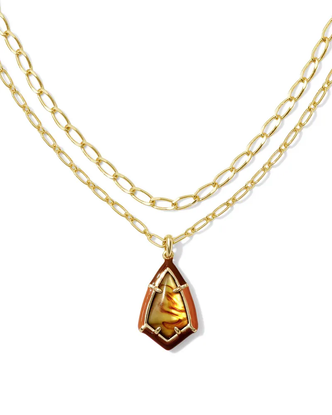 Camry Enamel Framed Multi Strand Necklace in Marbled Amber Illusion- Gold Tone