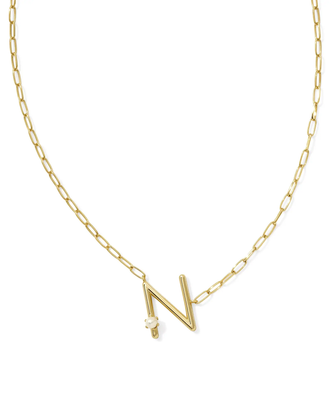 Pearl Letter "N" Pendant Necklace in White Pearl- Gold Tone