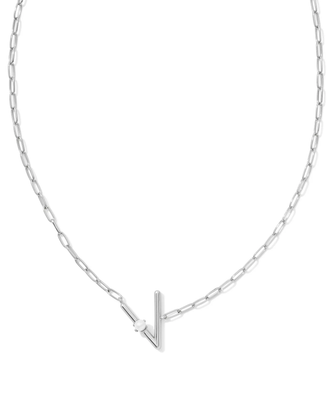 Pearl Letter "V" Pendant Necklace in White Pearl- Rhodium Tone