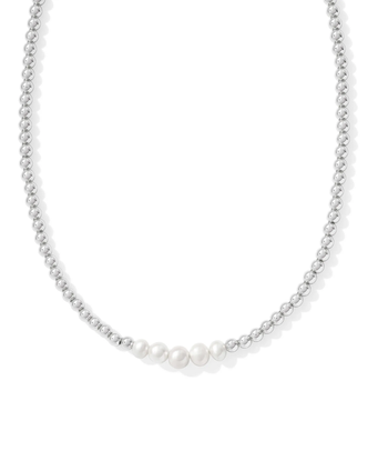 Eve Beaded Strand Necklace in White Pearl- Rhodium Tone