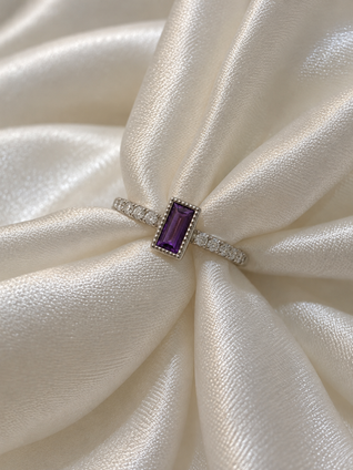 Amethyst and Diamond Stackable Ring - 14KW