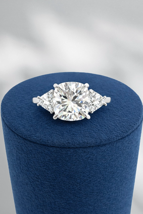 4.60cttw Lab Grown Square Cushion Three Stone Engagement Ring- 14KW
