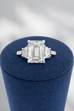 3.82cttw Lab Grown Emerald Cut Three Stone Engagement Ring- 14KW