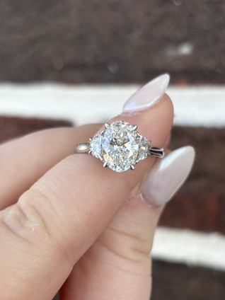 2.59cttw Lab Grown Oval with Half Moon Side Stones Three Stone Engagement Ring- 14KW