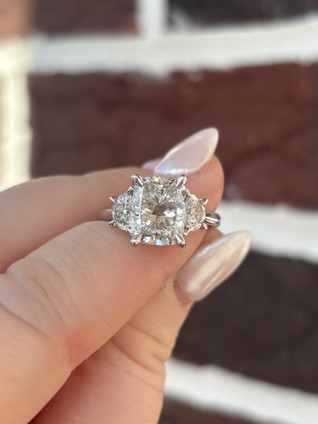 4.34cttw Lab Grown Cushion with Half Moon Side Stones Three Stone Engagement Ring- 14KW