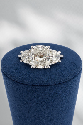 4.34cttw Lab Grown Cushion Three Stone Engagement Ring- 14KW