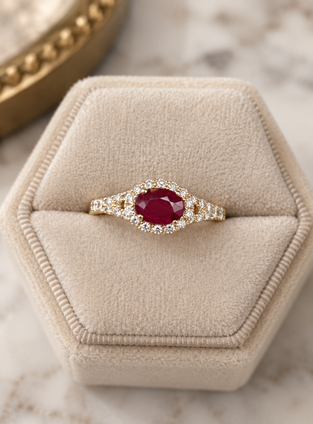 .58cttw Ruby and Diamond Halo Split Shank Ring- 14KY