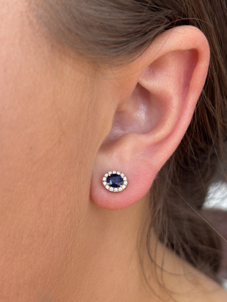 .17cttw Oval Blue Sapphire with Diamond Halo Stud Earrings- 14KY