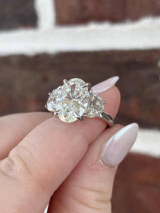 6.59cttw Lab Grown Oval Brilliant with Half Moon Sides Three Stone Engagement Ring- 14KW