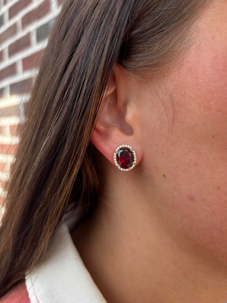 .35cttw Garnet and Diamond Halo Stud Earrings- 14KY