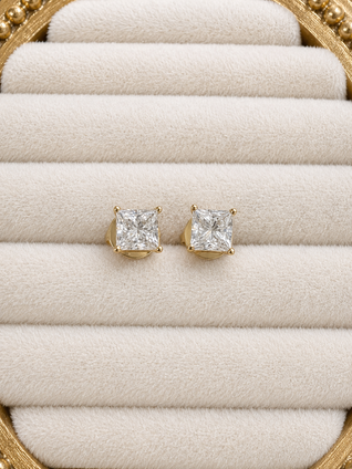 1.00cttw Lab Grown Princess Cut Stud Earrings- 14KY