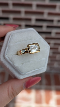 3.09cttw Lab Grown Bezel Set East to West Emerald Cut Engagement Ring- 14KY