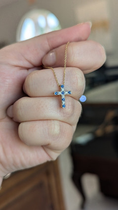 Alternating Sapphire and Diamond Small Cross Necklace- 14KY