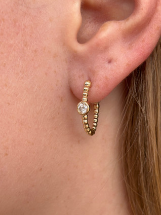 .26cttw Bezel Set Solitaire Beaded Hoop Earrings- 14KY