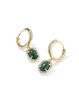 Daphne Crystal Frame Huggie Earrings in Green Malachite- Gold Tone