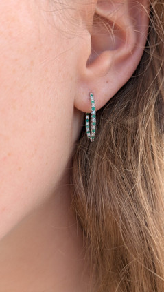.25cttw Diamond and Emerald Inside-and-Out Hoop Earrings- 14KW