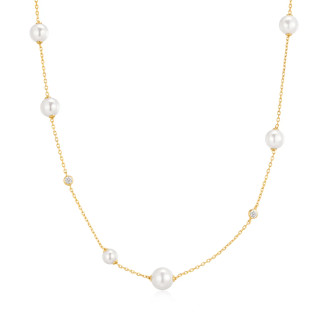 Gold Tone Asymmetric Shell Pearl Station Necklace