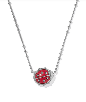 Ladybug Short Pendant Necklace Rhodium w/ Red Vermillion Magnesite