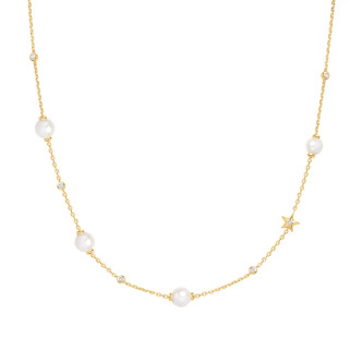 Gold Tone Sterling Silver Shell Pearl and Star Station Necklace