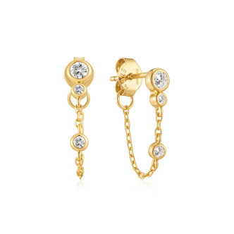 Gold Tone Sterling Silver Bezel-Set Drop Chain Stud Earrings