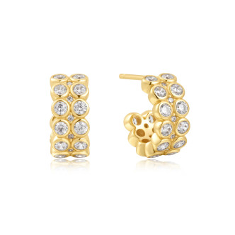 Gold Tone Sterling Silver Double Row White Cubic Zirconia Bezel Huggie Earrings