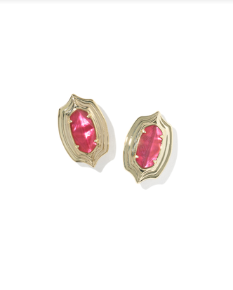 Ellie Step Frame Stud Earring Gold Tone Dark Pink Illusion