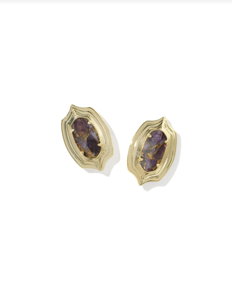 Ellie Step Frame Stud Earring Gold Tone Bronze Veined Purple Amethyst