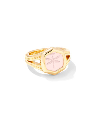 Davie Intaglio Statement Ring in Pink Opalite Dragonfly-Gold Tone (Size 5)