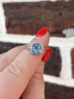 Blue Topaz and Diamond Halo Ring- White Gold