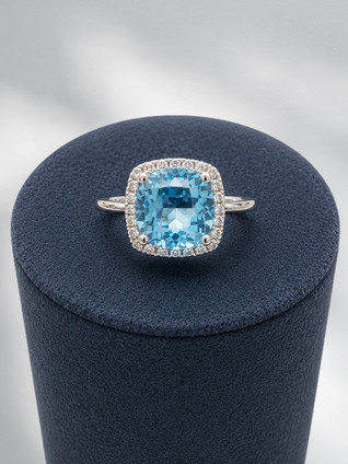 Blue Topaz and Diamond Halo Ring- 10KW