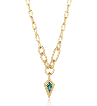 Gold Teal Sparkle Drop Pendant Chunky Chain Necklace