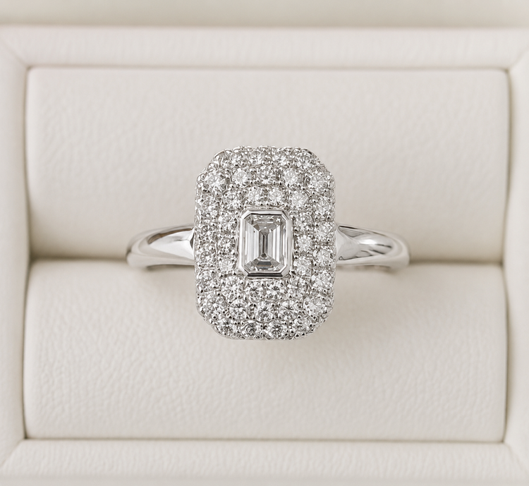 1.00cttw Emerald Cut Pave Diamond Ring- 14KW