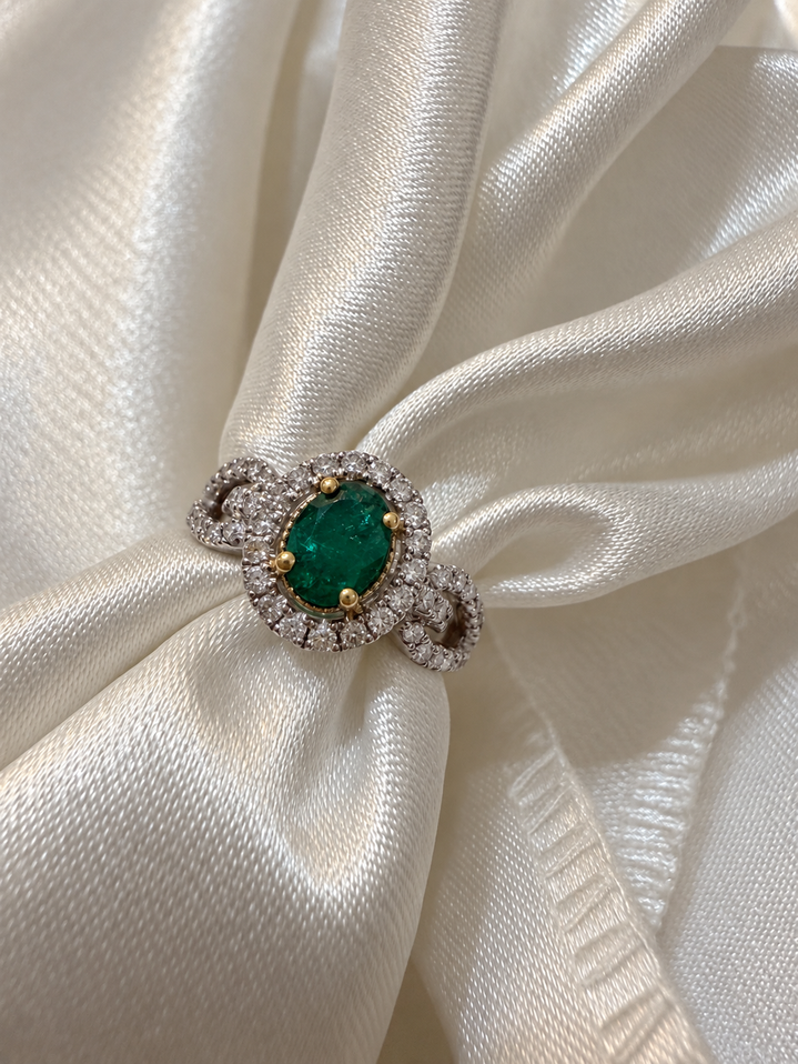 Two-Tone Emerald and Diamond Ring-14KTT