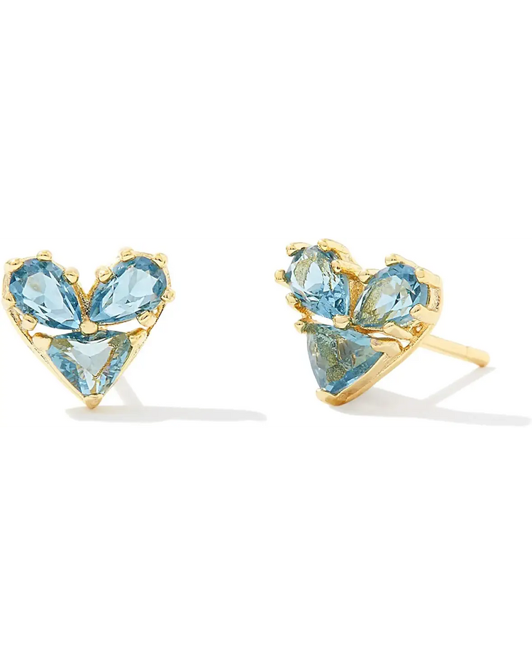 Katy Heart Stud Earrings in Teal Glass- Gold Tone