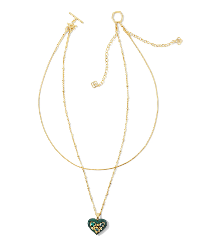 Penny Heart Multi Strand Necklace in Green Mix- Gold Tone 
