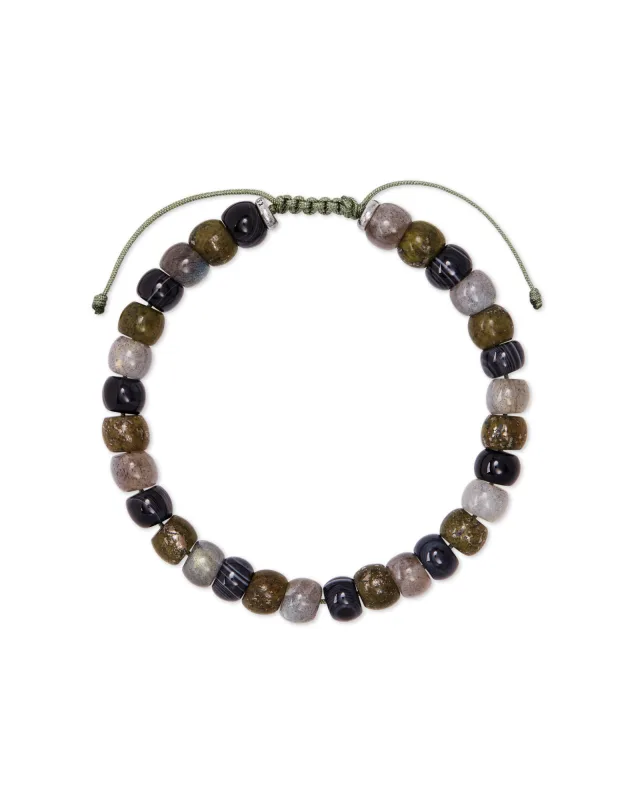 Cade Beaded Bracelet in Oxidized Silver + Olive Mix- Medium