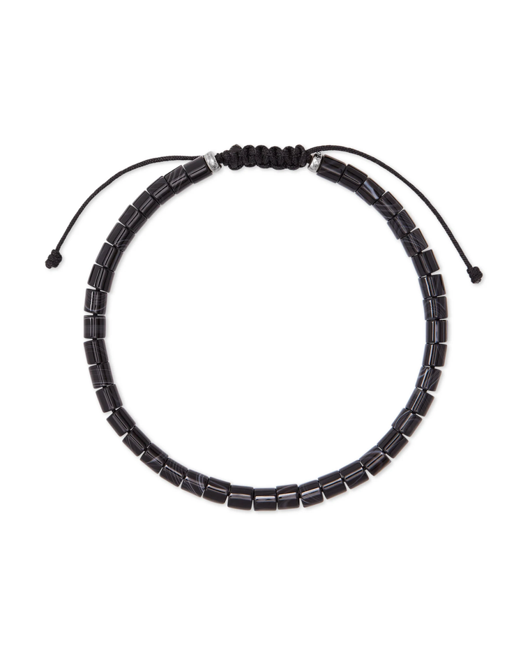 Grey Beaded Bracelet in Oxidized Silver + Black Banded Agate- Medium