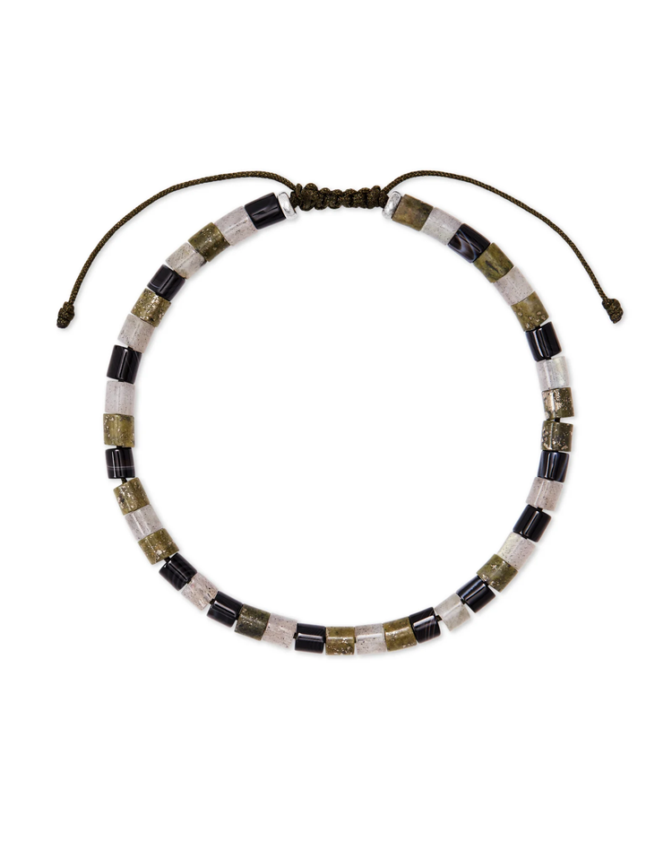 Grey Beaded Bracelet in Oxidized Silver + Olive Mix- Small