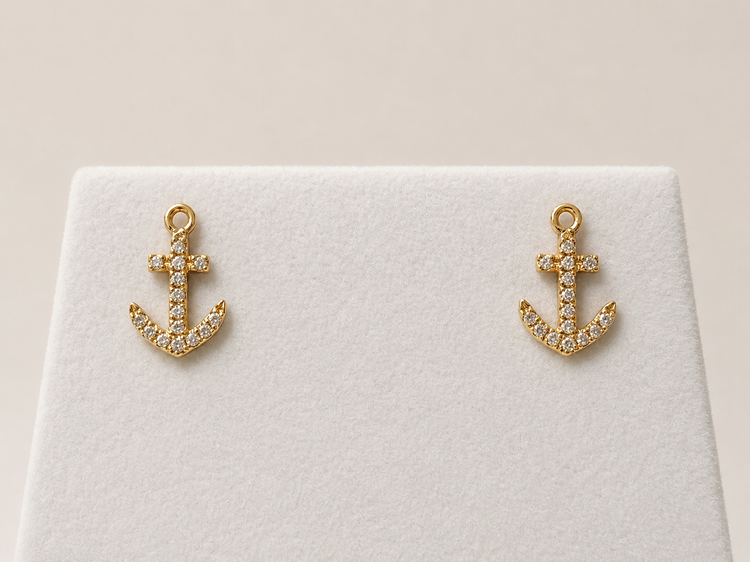 Diamond Anchor Stud Earrings- 14KY