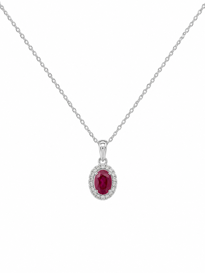 Ruby Pendant with Diamond Halo Necklace