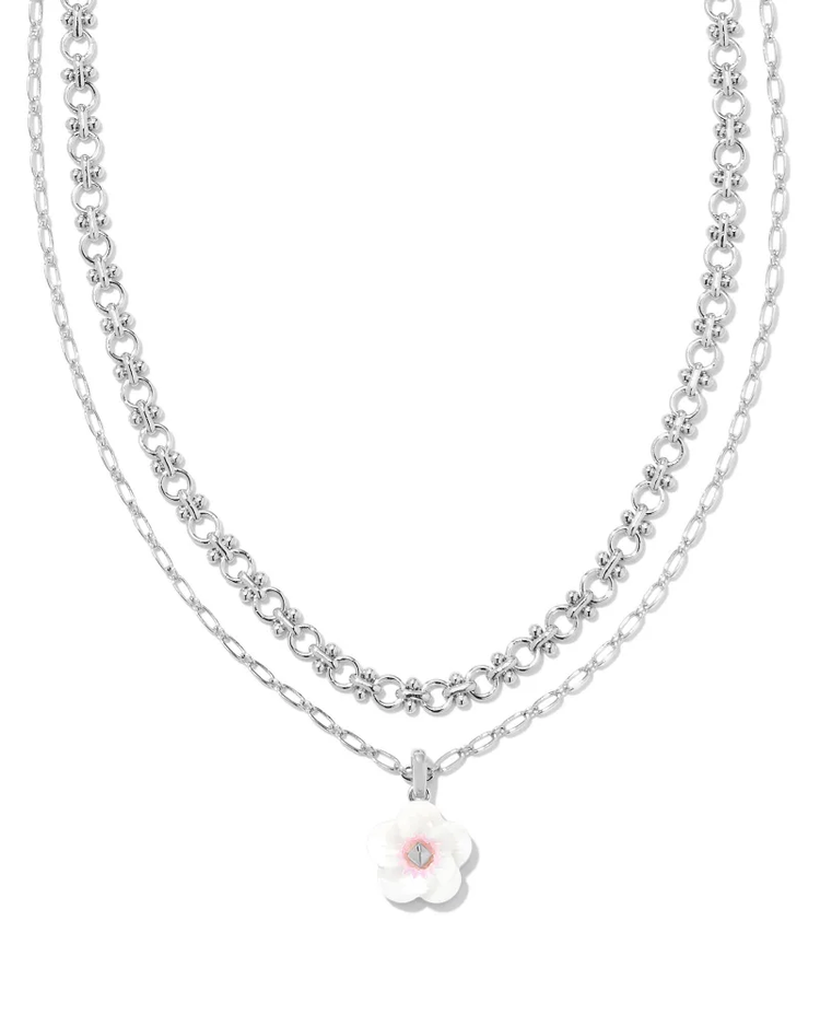 Deliah Multi Strand Necklace in Iridescent Pink White Mix- Rhodium Tone