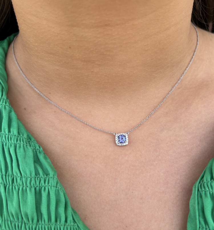 Tanzanite and Diamond Halo Necklace- 14KW