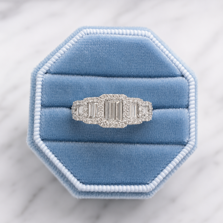 .91cttw Baguette with Diamond Halo Ring- 14KW