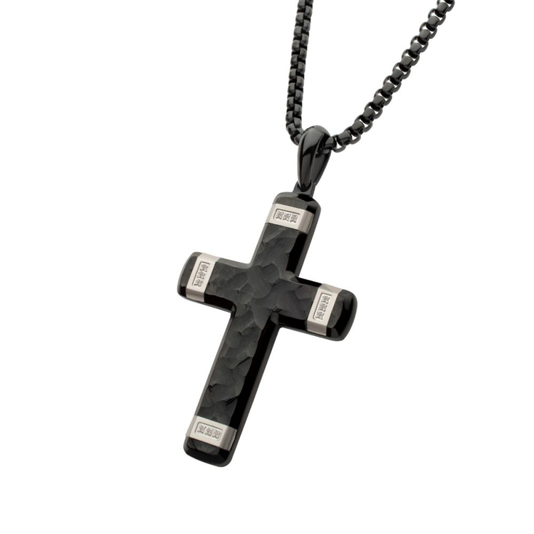 Carved Steel Cross Pendant Necklace with Lab Grown Diamonds
